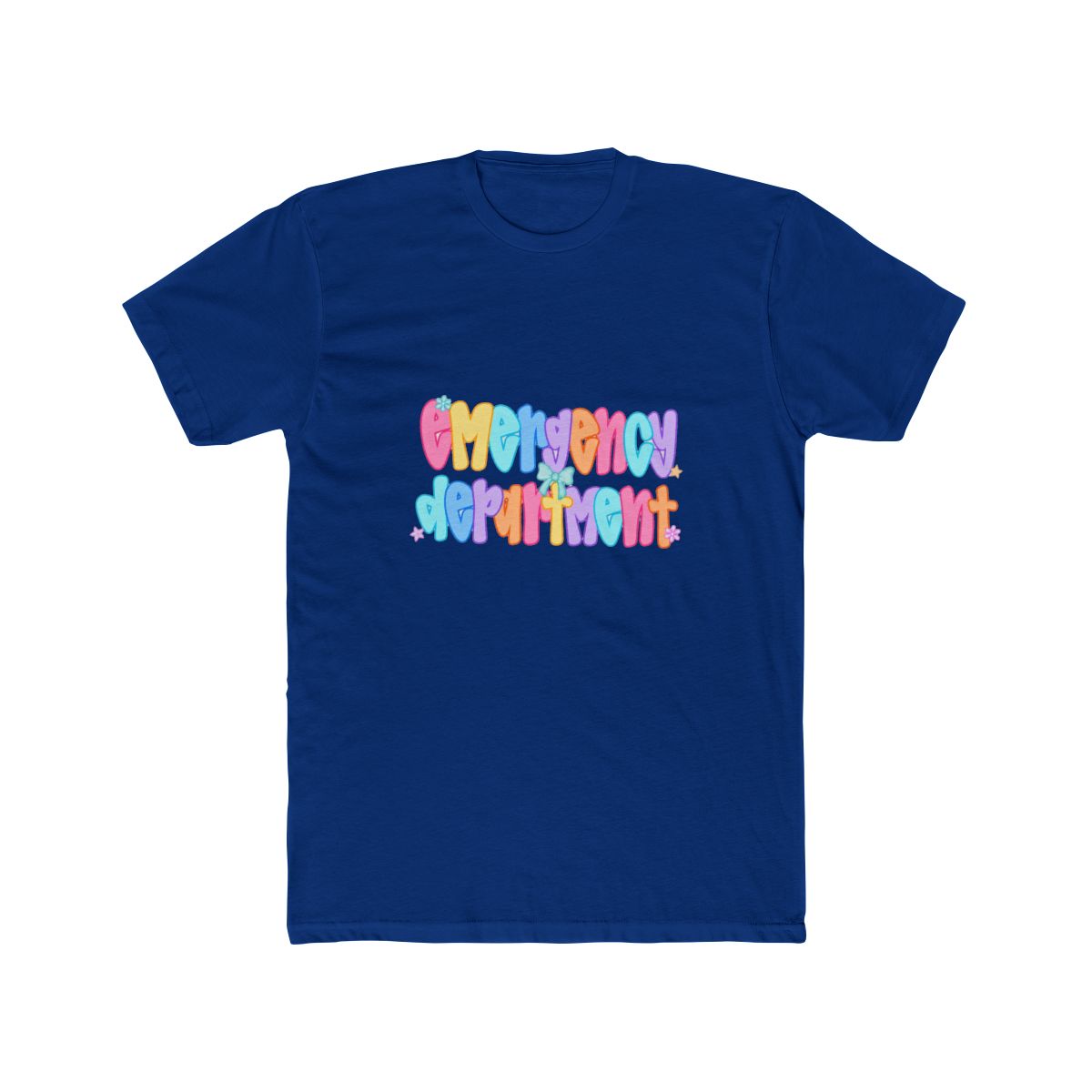A blue Comfort Colors T Shirt with the words "Emergency Department" in colourful bubble letters. The shirt has a crew neck and short sleeves. A gold necklace with a pendant is draped across the shirt